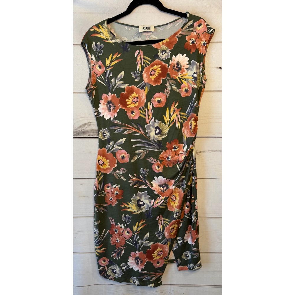 Verse Olive Green Floral Ruched Asymmetrical Sleeveless Sheath Dress Made in USA